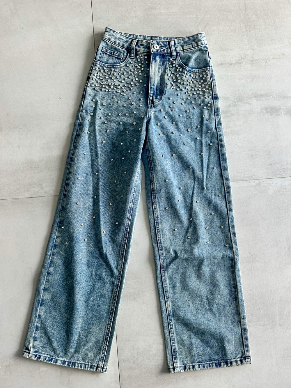Women's Light Blue Studded Wide Leg Jeans